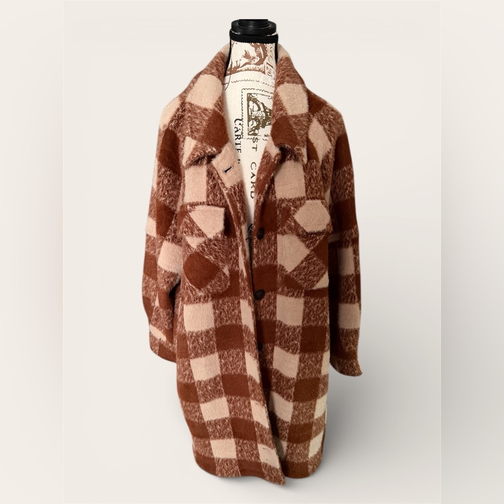 Greylin by Anthropologie Checkered Teddy Jacket in Burnt Orange and Cream